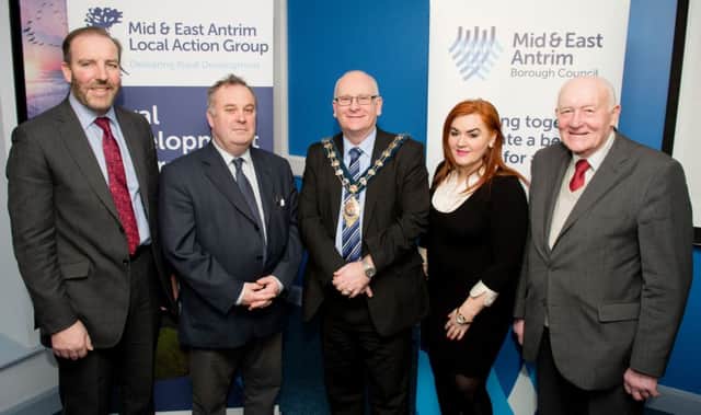 Mid and East Antrim Mayor, Councillor Billy Ashe, pictured centre, with Ken Nelson, Chief Executive Officer, LEDCOM; Andrew McAlister, Investment & Funding Delivery Manager, Mid and East Antrim Council; Anne Donaghy, Chief Executive, Mid and East Antrim Council and Roy Beggs, Chairman, Mid & East Antrim Local Action Group, right. (Submitted Picture).