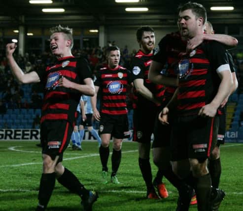 James McLauaghlin and the Coleraine players celebrate going 2-0 up at Ballymena United on Friday evening. wk0718mb