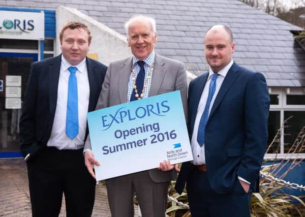 From left Phelim Devlin with Mayor of Ards and North Down, Alderman Alan Graham and Kieran Quinn. The Ardboe men have been chosen to run Northern Ireland's only aquarium