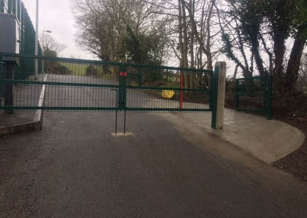 The new gate and pedestrian access to Kinallen play park and pitch facility.
