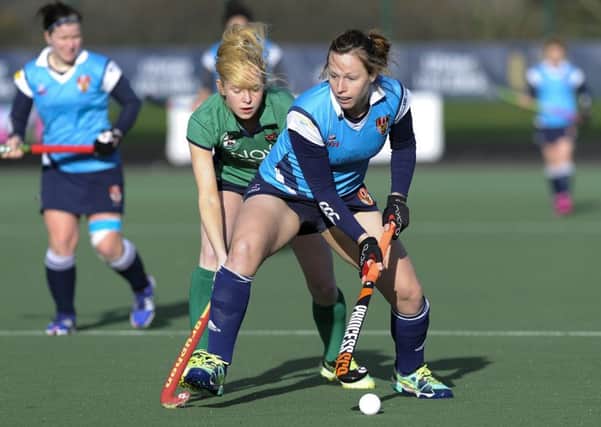 Megan Frazer, Ulster Elks, shields the ball from Kate Hennessy, of Greenfields. INLT 07-911-CON Photo: Philip McCloy