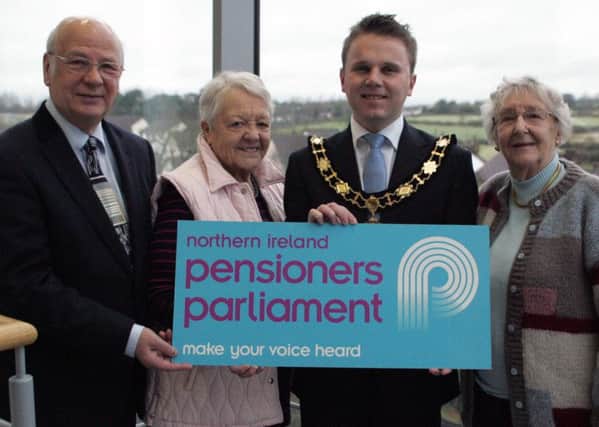 Mayor of Antrim and Newtownabbey, Cllr Thomas Hogg, with Antrim and Newtownabbey pensioners Joan Ferguson and JP Ventura and Chair of Age Sector Platform, Anne Watson. INNT 08-808CON