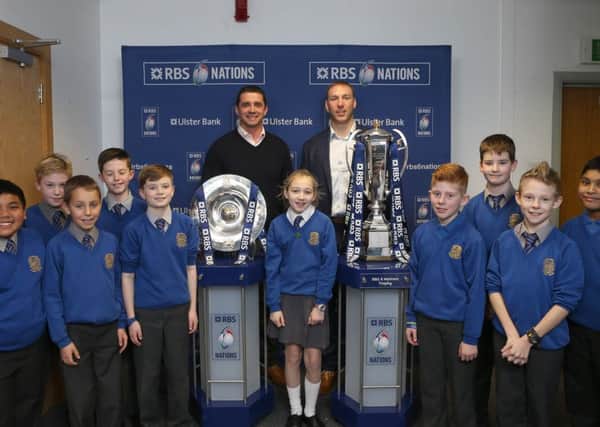 Bocombra Primary School pupils  with Ulster Bank rugby ambassadors Stephen Ferris and Alan Quinlan during the Ulster Bank hosted RBS 6 Nations Trophy Tour, in Portadown.