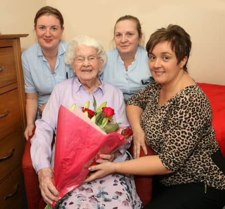 Isobel Foster celebrating her 103rd birthday at Killowen House with Brenda Cunningham, manager, and staff members Jeanette Doherty and Ashleigh Redding. INCR8-301PL