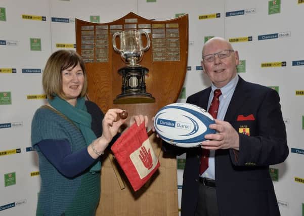 Carol Wilson Danske Bank pictured with Bobby Stewart ,Ulster Branch President at the draw for this years Schools' Cup semi finals. Picture: Press Eye.