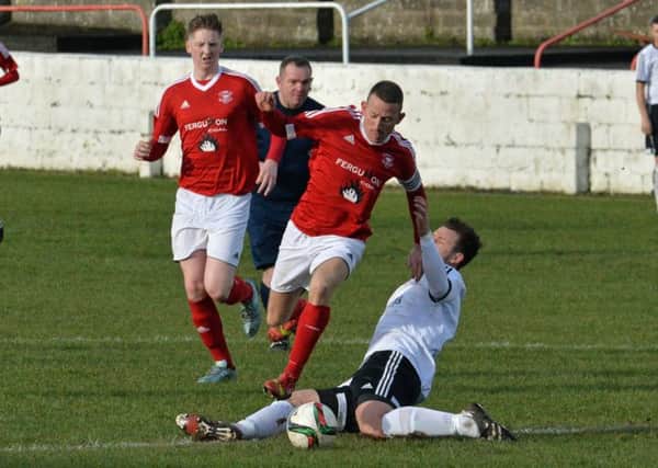 Larne captain Paul Maguire scored twice in the 3-2 win over Dergview. Photo: Phillip Byrne / Larne Times