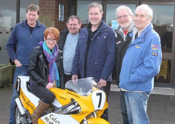 Mid-Antrim 150 club members who will be in attaendance at Ballymoney Motorcycle show. Keith Millen, Wilfie Connor, Ivor Skelton, Jack Agnew Davy Louden and on the bike Allana Jackson.