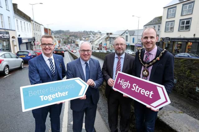 Pictured (L-R) keynote speaker and business consultant David Meade, Adrian Farrell, President of Portadown Chamber of Commerce, Michael Donaghy, Chair of Banbridge Chamber of Commerce, Lord Mayor of Armagh, Banbridge and Craigavon Councillor Darryn Causby. Picture by Kelvin Boyes / Press Eye.