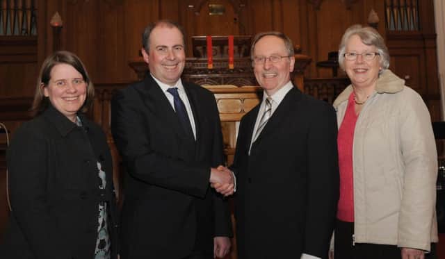 The Very Rev Dr Donald Patton (Former Moderator of the Presbyterian Church in Ireland) is welcomed as the new Pastoral Assistant of Railway Street Presbyterian Church by the minister, the Rev Michael Davidson, on Sunday evening 21st February.  Included is the Rev Davidsons wife Linda (left) and Dr Pattons wife Florence (right).