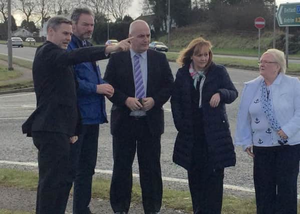 Roads Minister Michelle McIlveen pictured at Woodgreen junction on the A26 Lisnevenagh Road last week with (fromt left) Paul Frew MLA, Cr William McCaughey, Trevor Clarke MLA and Cr Beth Adger. (Submitted Picture).