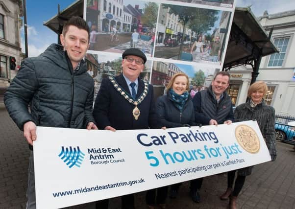 Peter Nixon, on left, from The Corner Bakery, is pictured with from left, Councillor Billy Ashe, Mayor of Mid and East Antrim Borough; Angela Ritchie, Elite Lighting; Roy Smyth, Outdoor Adventure and Libis McAllister  Ultimate in Fashion. (Submitted Picture).