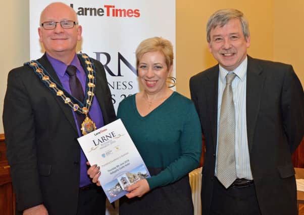 Mayor of Mid and East Antrim Borough Council, Councillor Billy Ashe is pictured with Valerie Martin, Group Editor Johnston Press NI,  and David Gillespie from Ledcom at the official launch of the 2016 Larne Times Larne Business Awards in Larne Town Hall. INLT 07-007-PSB