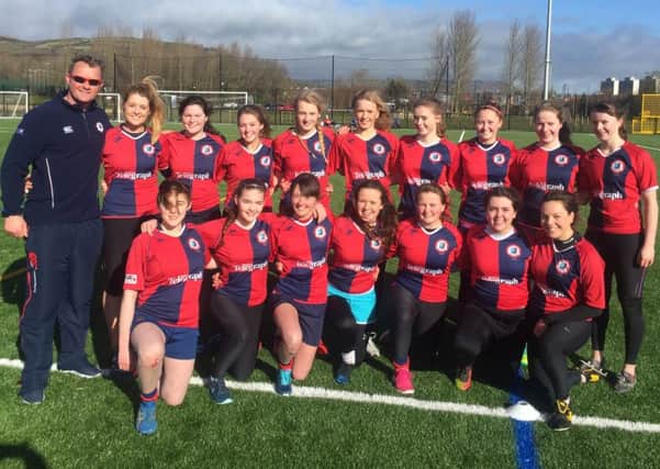Ballyclare High's girls' rugby 1st XV with the school's Director of Rugby, Mike McKeever. INLT 08-926-CON