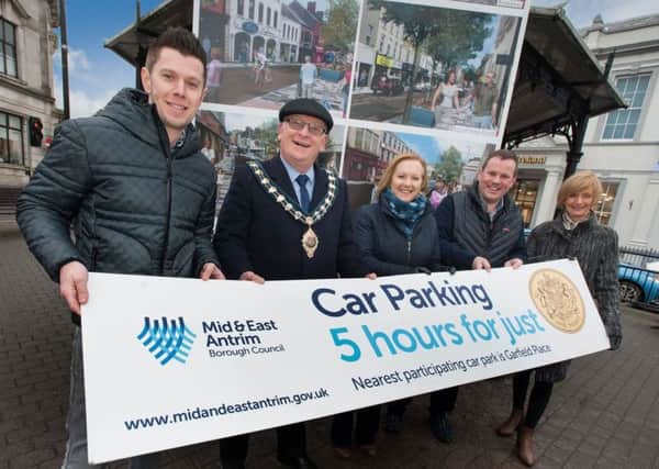 Peter Nixon, on left, from The Corner Bakery, is pictured with Councillor Billy Ashe, Mayor of Mid and East Antrim Borough; Angela Ritchie, Elite Lighting; Roy Smyth, Outdoor Adventure and Libs McAllister, Ultimate in Fashion.  INLT 09-727-CON