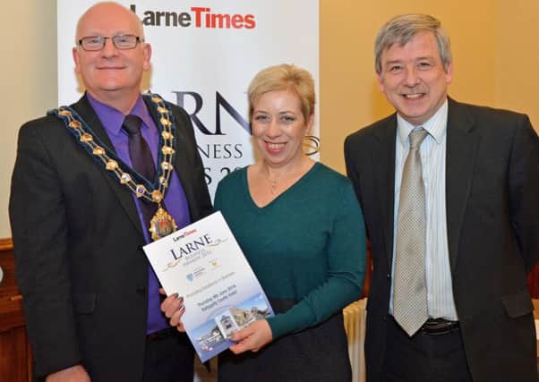 Mayor of Mid and East Antrim Borough Council, Councillor Billy Ashe is pictured with Valerie Martin, Johnston Press NI Group Editor, and David Gillespie from Ledcom at the official launch of the 2016 Larne Times Larne Business Awards in Larne Town Hall. INLT 07-007-PSB