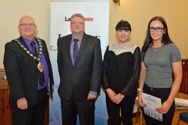Kylie Best and Catherine McKeown from sponsors,Power NI are pictured with the Mayor of Mid and East Antrim Borough Council, Councillor Billy Ashe and Multimedia Content Editor of the Larne Times, Stephen Kernohan at the official launch of the Larne Times, Larne Business Awards in the Town Hall. INLT 07-004-PSB