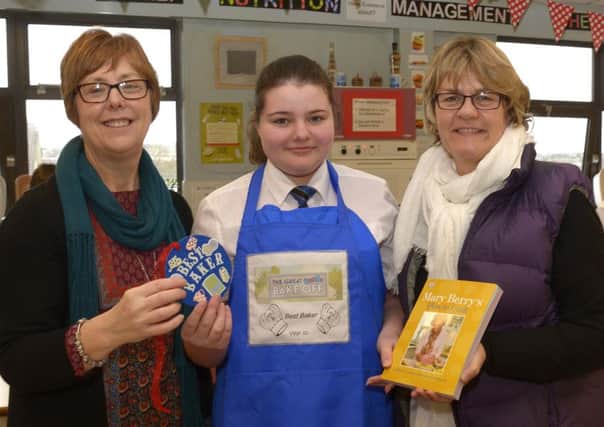 Lauren Lutton, winner of the Great BHS Bake Off, pictured with Head of HE Heather Heyburn and Judge Lydia Beattie Â©Edward Byrne Photography INBL1609-205EB
