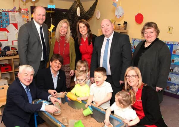 First Minister Arlene Foster pictured enjoying the fun at Harpur's Hill Early Years on Tuesday. INCR9-300PL