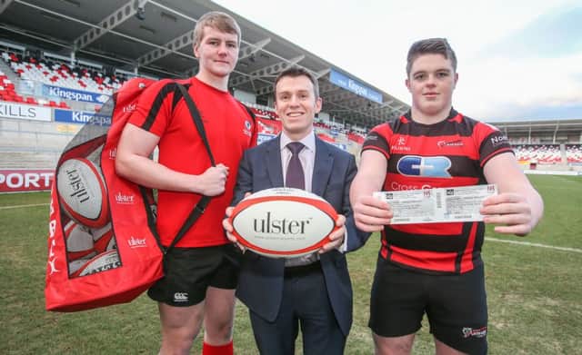 John McCusker (left, Rainey RFC) and Paul Mullen (Armagh RFC) are pictured at Kingspan Stadium with David Acheson, Financial Director, Ulster Carpets, at the launch of the Ulster Carpets Club of the Month initiative. Picture by John Dickson