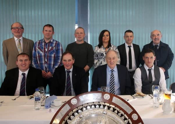 Ballymena United chairman John Taggart and his guests at the Ballymena United v Dungannon Swifts pre-match lunch. Back row, L-R, Gerry Donnelly (MC), Matthew Boyd, Dessie Loughry, Jacqueline Wilson, Charlie Havlin, Ed McLaughlin. Front, L-R, Crawford Wilson (Dungannon Swifts), Bernard Thompson (Dungannon Swifts), John Taggart, ?? INBT 09-191CS