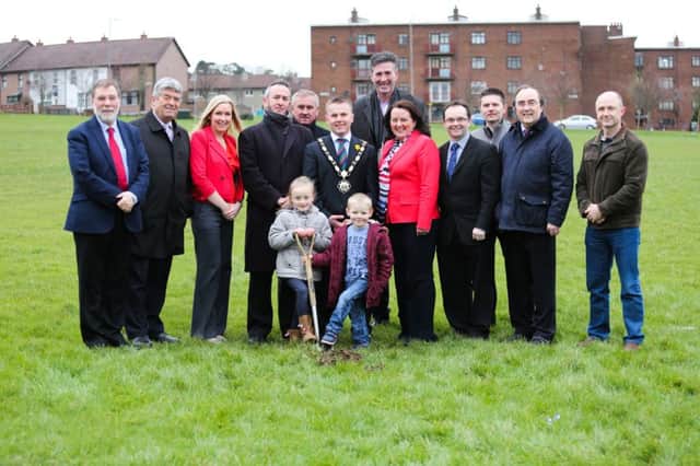 Mayor Thomas Hogg was joined by Paula Bradley MLA; Nelson McCausland MLA; Councillor Paul Hamill; Councillor Billy Webb; Stephen Crawford, Northern Ireland Housing Executive; representatives from Crawford Contracts Group Ltd and Robert Logan Architects; Louise Moore, ANBC Head of Community Planning; Neil Luney, ANBC Capital Projects Officer; community representatives and local children Rihanna and Ashton Curry at the official sod-cutting for the new multi-use games area at Rathmullan Drive, Rathcoole. INNT 09-511CON