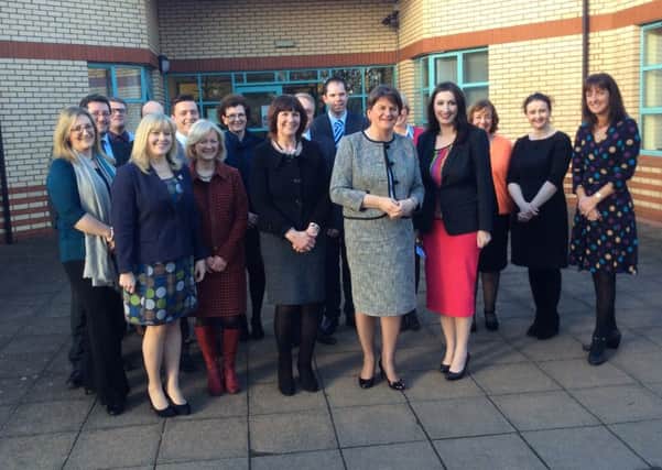 Frist Minister Arlene Foster (front fourth left) and Lagan Valley MLA Brenda Hale (front left) with principals who gathered last week at Moira Primary School. Included are Linda Allen of Dromroe Central PS, Andrew Armstrong of Dromara PS and Jim Brown of Fair Hill PS, Kinallen.