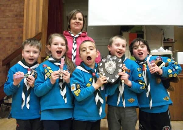Beaver Scout leader Linda Cherry is pictured with the winning team from Cloughfern - Rhys Hill, Eveie Moore, Ewan Caldwell, Carter Burnett and Matthew McFarland. INNT 09-514CON