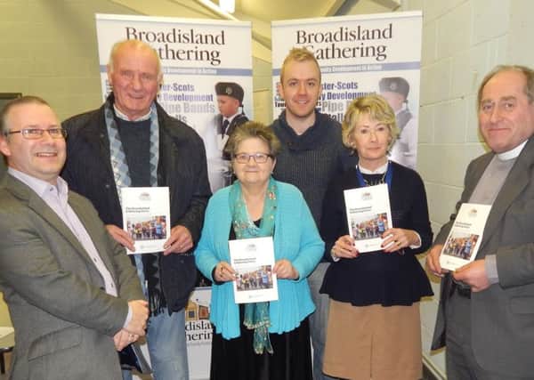 Dr. David Hume, Bobby McKee, Valerie Beattie, Cllr. Mark McKinty, Hazel Robertson and Rev. Dr. John Nelson at the launch of the booklet on the history of the Broadisland Gathering festival.  INLT 09-731-CON
