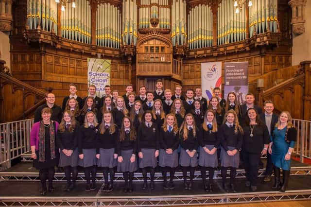 The senior choir from Dalriada School, Ballymoney and their teachers who have won a place in the semi-finals of this years BBC Radio Ulster School Choir Of The Year. They are pictured after winning the heat with presenter Kerry McLean (right) and judges Rebekah Coffey, Ciaran Scullion and Richard Yarr