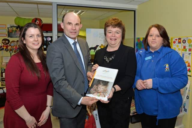 Pictured at a Larne, Carrickfergus and Newtownabbey Early Years branch meeting are (from left) Samantha Logan, Early Years specialist, Roy Beggs MLA, Pauline Walmsley, director of Knowledge Exchange and Judith Daly, Humpty Dumpty Preschool leader. INCT 09-001-PSB