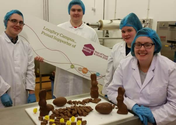 Loughry students Ewan Blair, Matthew McIvor, Eireann McKee and Victoria Kerr admiring their chocolate creations
