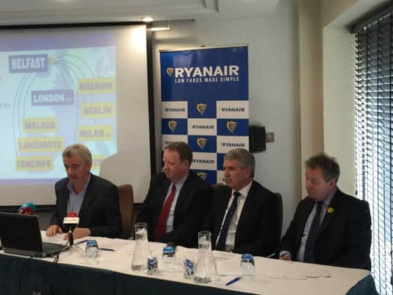 Ryanair announces routes from Belfast International Airport. L-R Michael OLeary, Ryanair, Graham Keddie, Belfast International Airport, Dic Milliken, Ryanair and Danny Kinahan MP South Antrim