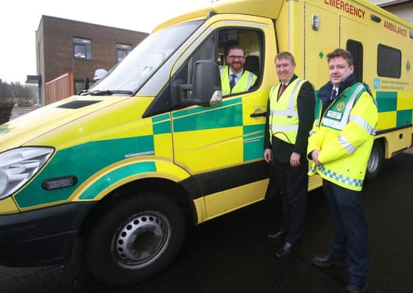 Visit by Health Minister Simon Hamilton to new Ballymena  Ambulance Station with DFP Minister, Mervyn Storey MLA 
Ministers Hamilton and Storey Northern Ireland Ambulance Service Area Manager Gareth Tumelty.
