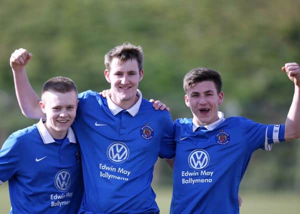 Ryan Stewart, Dean Graham and Dylan Graham who scored Southside Rangers goals in their comeback win over Holywell in Saturday's Rainey Cup game at Wakehurst. INBT 10-182CS