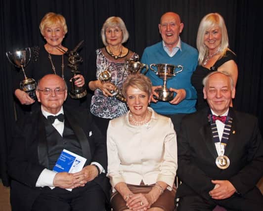 Back Row, left to right; Maureen Dunn (Theatre 3, Newtonabbey) director of overall winning play, "A Walk In The Woods", Frances Hastie , representing Clarence Players, winners of Lord Antrim Cup, the best comedy award for "Brighton"; Seamus Steele (Rosemary Drama Group, Belfast), director of "Kindertransport", winnners of the Wreath Cup for the most ambitious choice of play; Margaret Montgomery, honorary Treasurer of the festival.
Front Row, left to right; Alex Blair, honorary Secretary of the festival; Jan Palmer Sayer, Adjudicator: Mac Pollack, Chairman of the festival.