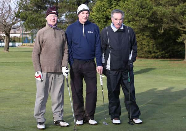 George McCrea, Paddy Kearney and Quinton McKee  in Saturday's Slemish Bowl qualifier at Ballymena Golf Club. INBT 10-178CS