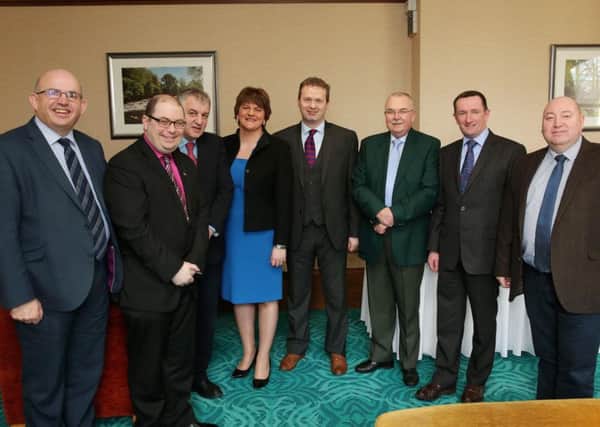 Pictured at the DUP Spring Conference, held in the Roe Park Hotel in Limavady are Alderman John Finlay, Jonathan Holmes, Maurice Bradley, the First Minister Arlene Foster, Councillor James McCorkill, Sandy Gilkinson, Councillor George Duddy and Adrian McQuillan, MLA for East Londonderry. Picture by Kelvin Boyes  / Press Eye.