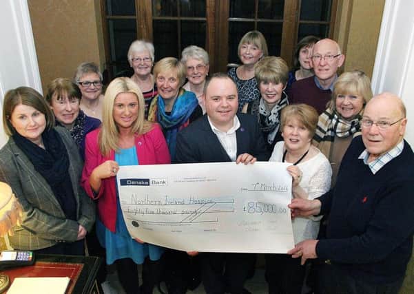 A yearly total of Â£85,000 raised by the Ballymena Branch of Northern Ireland Hospice was presented by members at the AGM to  Noreen Kennedy Community Fundraising Manager and John Philips, Community Fundraiser. INBT 12-802H