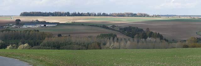 View from the Ulster Tower on Thiepval Ridge looking over the Ancre Valley towards Beaumont Hamel (trees on horizon). The lines held by 12th R. Irish Rifles in these diaries are on left of picture with no man's land running through trough the gully and trees with the German lines on right. Note the white chalk marks which denote where the German lines once were.