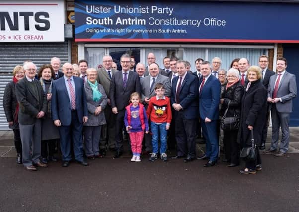 UUP leader Mike Nesbitt MLA, Lord Empey of Shandon, Danny Kinahan MP, Adrian Cochrane-Watson MLA, Roy Beggs MLA, Antrim and Newtownabbey councillors and South Antrim Ulster Unionist members and supporters at the opening of the new constituency office in Woodford. INNT 10-527CON