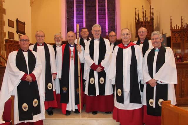The Chapter of St Saviour, Connor. From left: Archdeacon Stephen McBride, Canon Peter Galbraith, Canon John Budd, Bishop Alan Abernethy, Canon James Carson, Dean Sam Wright, the Rev William Taggart (registrar), Canon Chris Easton, Canon George Irwin and Archdeacon Stephen Forde. Missing from the picture is Canon George Graham who was unable to attend the service of installation in Lisburn Cathedral on March 3.
