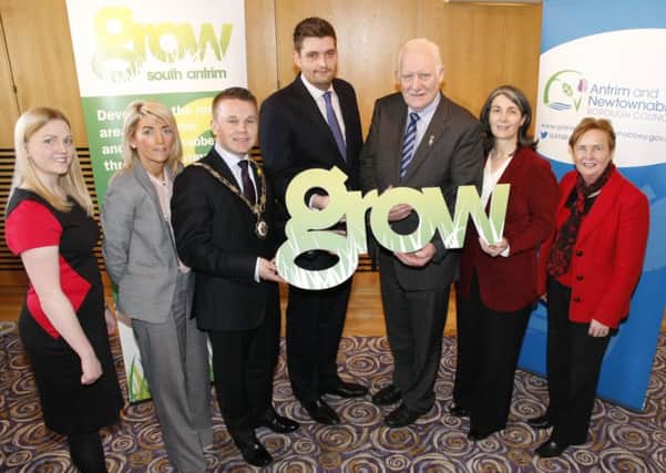 Emma Stubbs (Economic & Rural Development Manager), Majella McAlister (Director of Community Planning & Regeneration), Councillor Thomas Hogg (Mayor of Antrim and Newtownabbey), Councillor Phillip Brett (Chair of Community Planning & Regeneration Committee), Councillor Brian Duffin (Vice Chair of GROW), Councillor Roisin Lynch (Vice Chair of Community Planning & Regeneration Committee) and Jacqui Dixon (ANBC Chief Executive) pictured at the launch of the Local Action Group and commencement of the Rural Development Programme. INNT 10-530CON