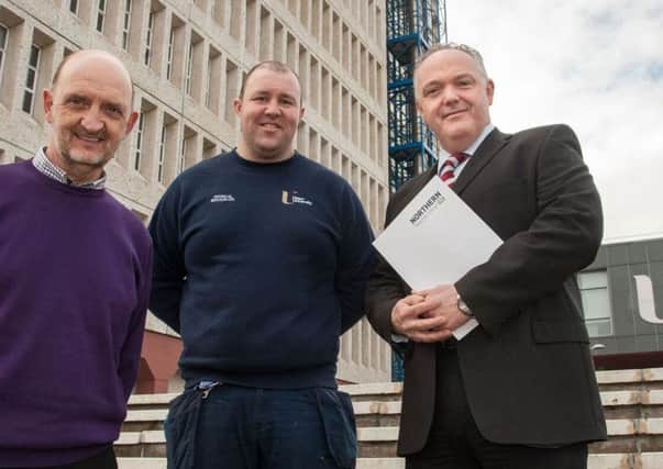 Paul Brown from Coleraine has ignited his career by completing a Foundation degree in Building Technology and Management at Northern Regional College (Northern College) Coleraine. Pictured l-r are: Dereck Simpson (Maintenance Co-ordinator, Ulster University), Paul Brown (Mechanical Operative) and Pat Condren (HE Course Director, Northern Regional College).