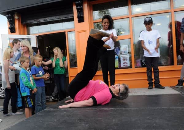 Carol Doey gives her dance routine interpretation outside The Hub during the Cookstown Festival of Comedy