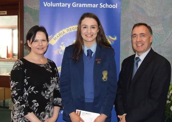 Loreto College student Carla McErlean, Silver Medallion winner in the 2016 Pramerica Spirit of Community  Awards, with Mrs S McCarry (Head of RE) and Mr Michael James, College Principal.