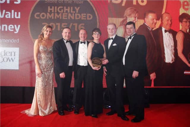 McCool's SuperValu, Ballymoney was awarded SuperValu Highly Commended at Musgrave NI's annual awards event at the Culloden Estate & Spa. Pictured collecting the award is SuperValu Ballymoney owner Peter McCool (centre) with host Claire McCollum, Paddy Donaghy of awards sponsor Kerry Foods, staff Rachel Hassan and Sammy Millar and SuperValu Sales Director, Nigel Maxwell. INBM12-16S