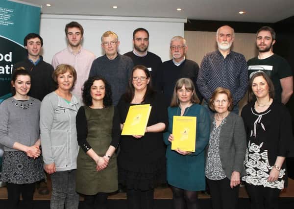 Maureen Hetherington (front row, second from left), from The Junction, and Angela Askin, with Derry City & Strabane District Councils Good Relations team, with facilitators, at the schools centenaries conference, held in The Meldron hotel.  0916-2466MT.