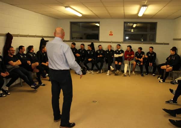 David Jeffrey shares a joke with his Ballymena United players as he met the squad for the first time during the week. Picture: Reid McAuley.