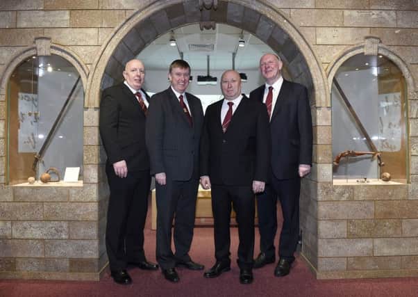 Pictured with Finance Minister Mervyn Storey, are (l-r) Ivan Taylor, Chairman of the Trustees of Apprentice Boys Memorial Hall, Jim Brownlee Governor of the Apprentice Boys of Derry and William Moore, Chairman of the Siege Museum Management Committee, at the official launch of the EU PEACE III funded Siege museum. Picture: Michael Cooper