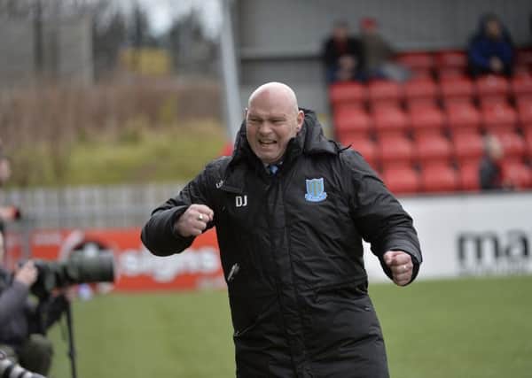 David Jeffrey celebrates at the final whistle after his Ballymena United side drew with Crusaders in his first game in charge. Picture: Press Eye.